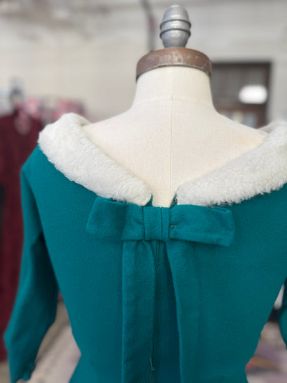 Vintage Wool Teal Holiday Dress with Faur Fur Collar and Bow M