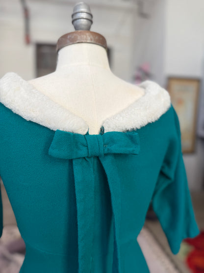 Vintage Wool Teal Holiday Dress with Faur Fur Collar and Bow M
