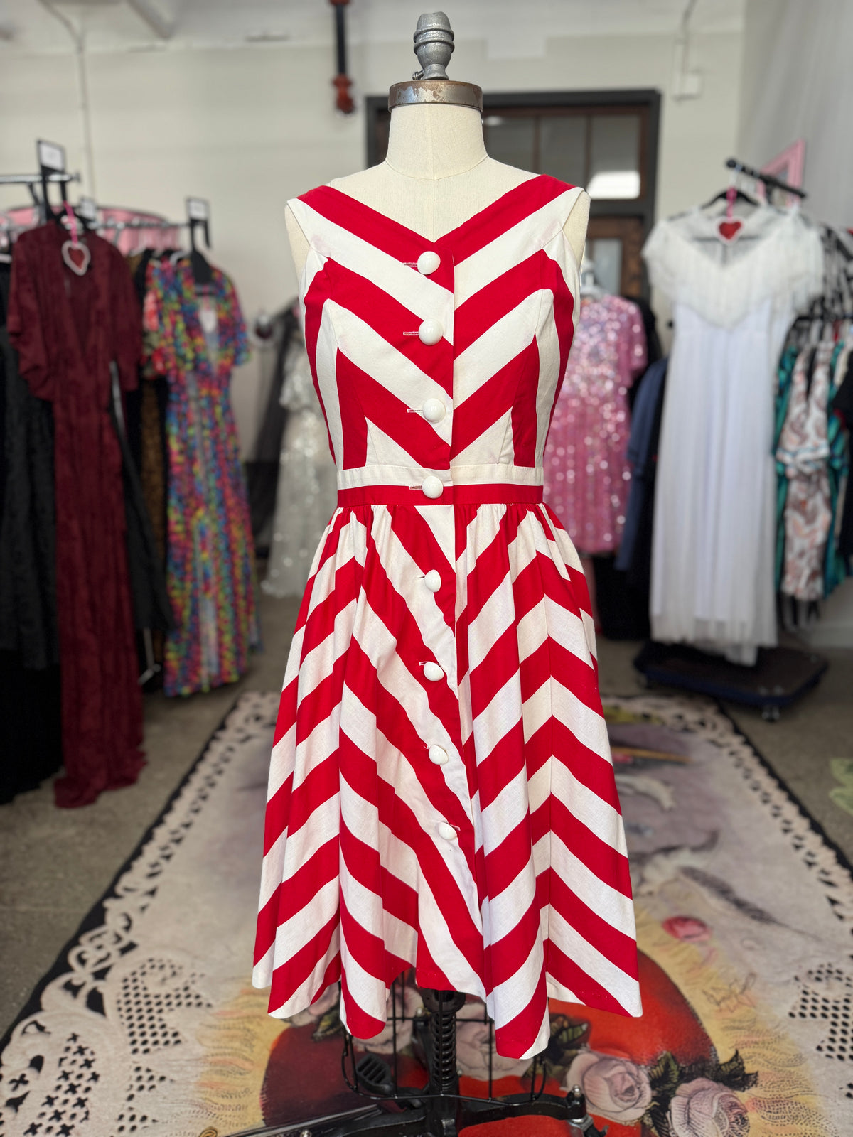 Vintage Red and White Chevron Button Down Dress S/M