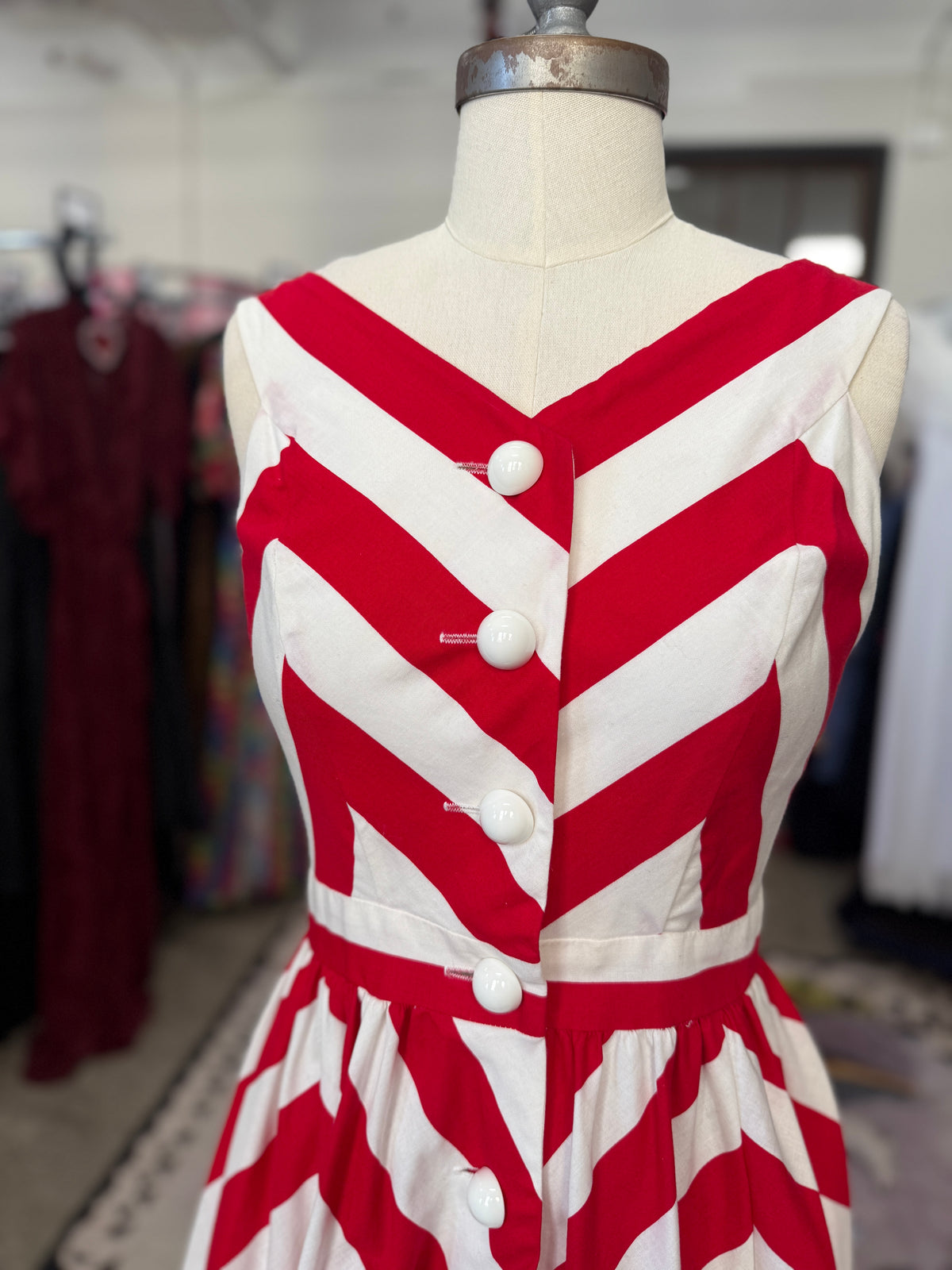Vintage Red and White Chevron Button Down Dress S/M