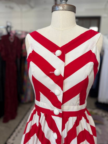 Vintage Red and White Chevron Button Down Dress S/M