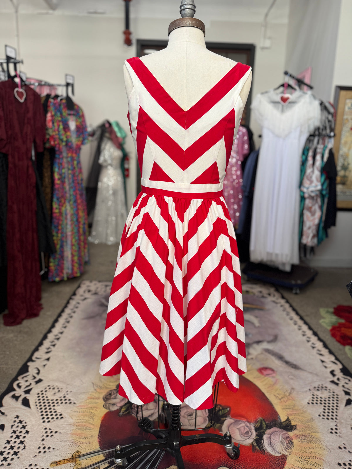 Vintage Red and White Chevron Button Down Dress S/M