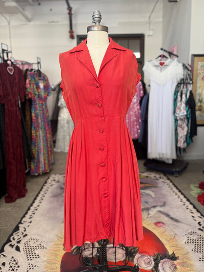 Vintage Red Sleeveless Shirt Dress L