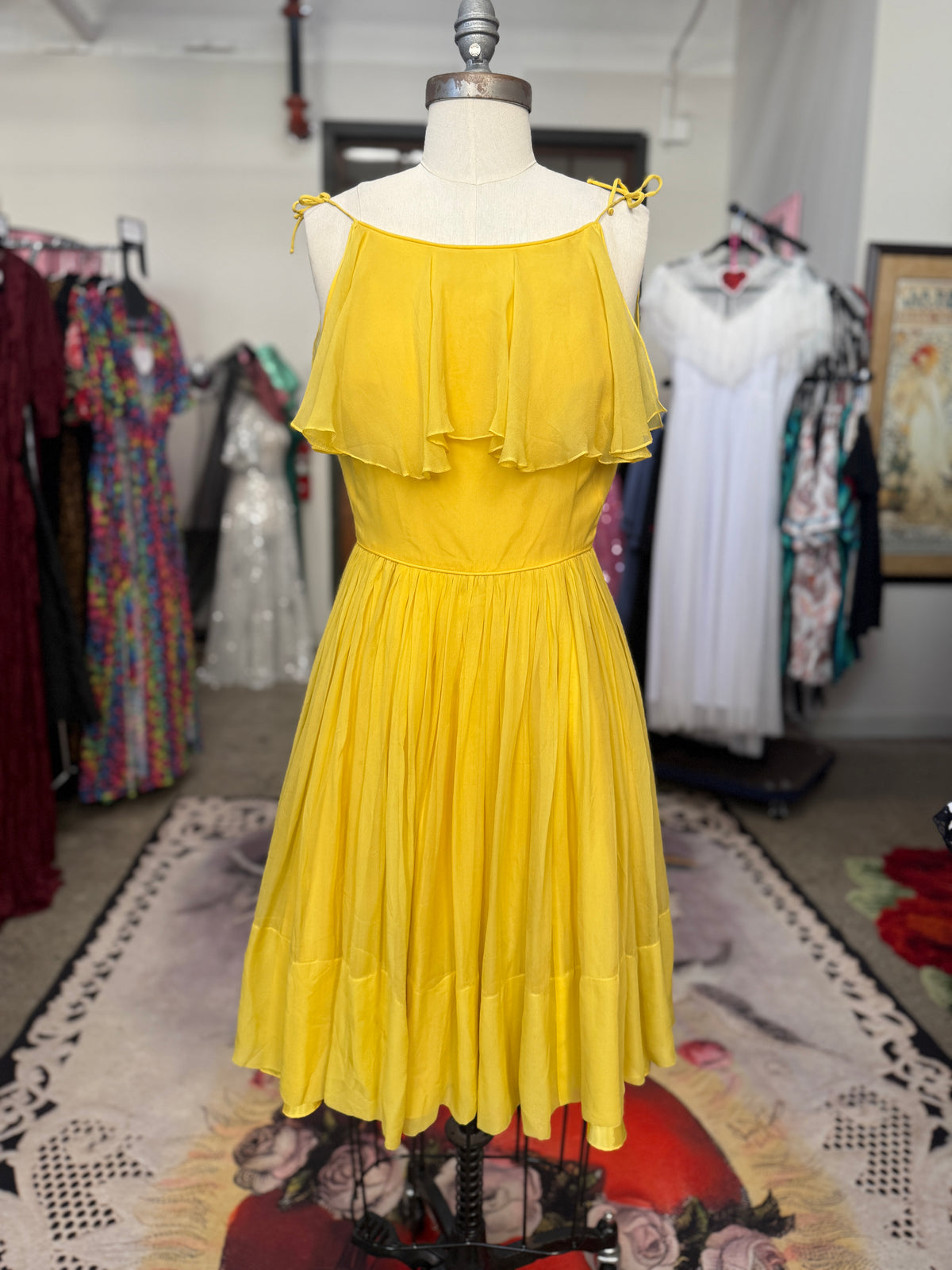 Vintage Yellow Chiffon Flutter Bib Dress S