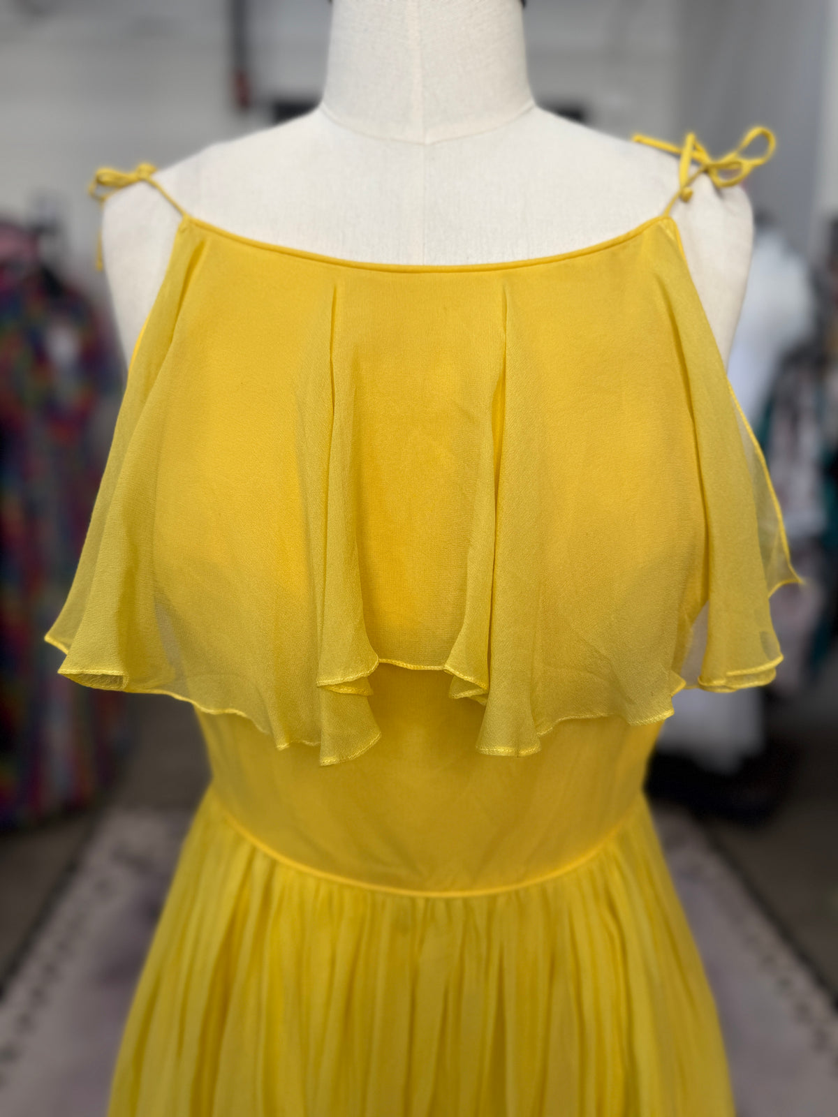 Vintage Yellow Chiffon Flutter Bib Dress S