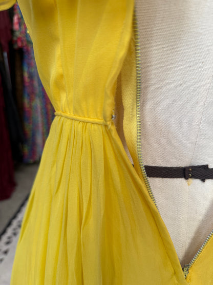 Vintage Yellow Chiffon Flutter Bib Dress S