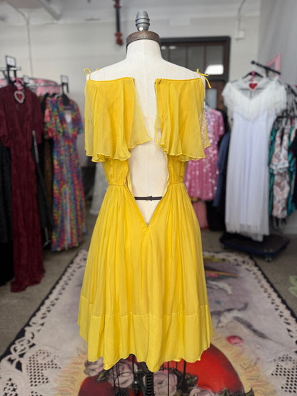 Vintage Yellow Chiffon Flutter Bib Dress S