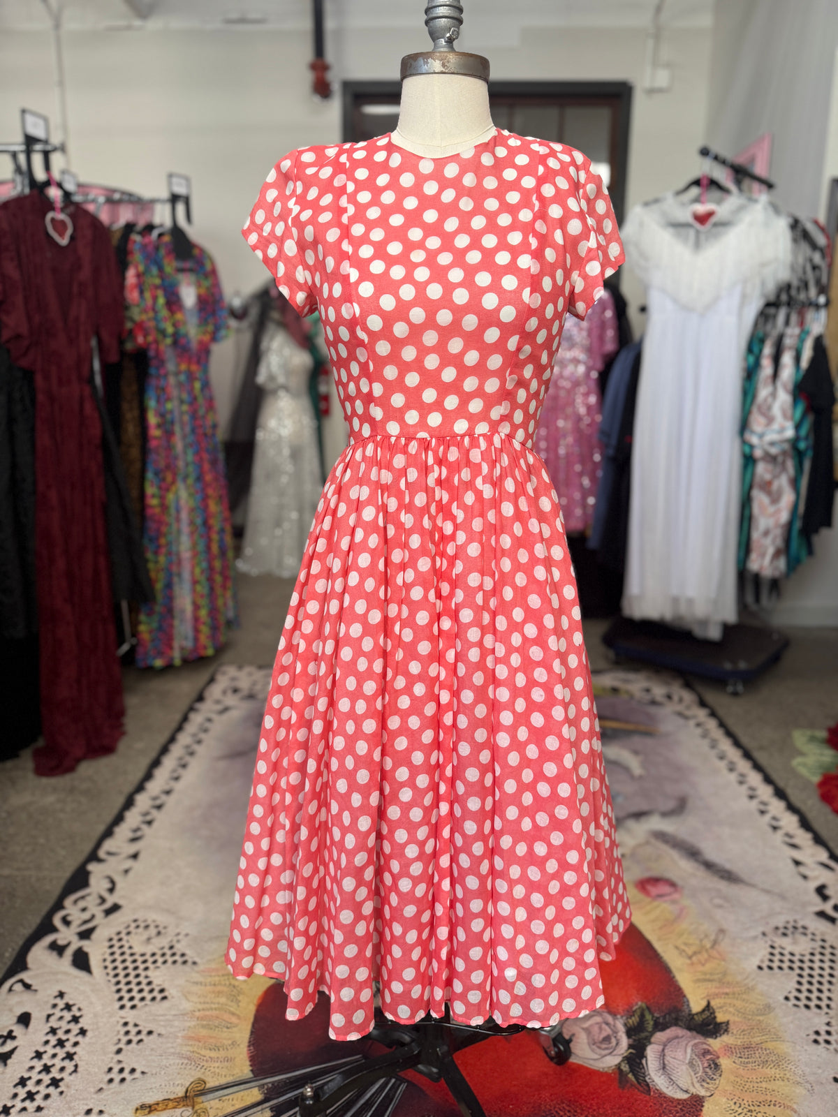 Vintage Pink Polka Dot Bow Swing Dress XS/S