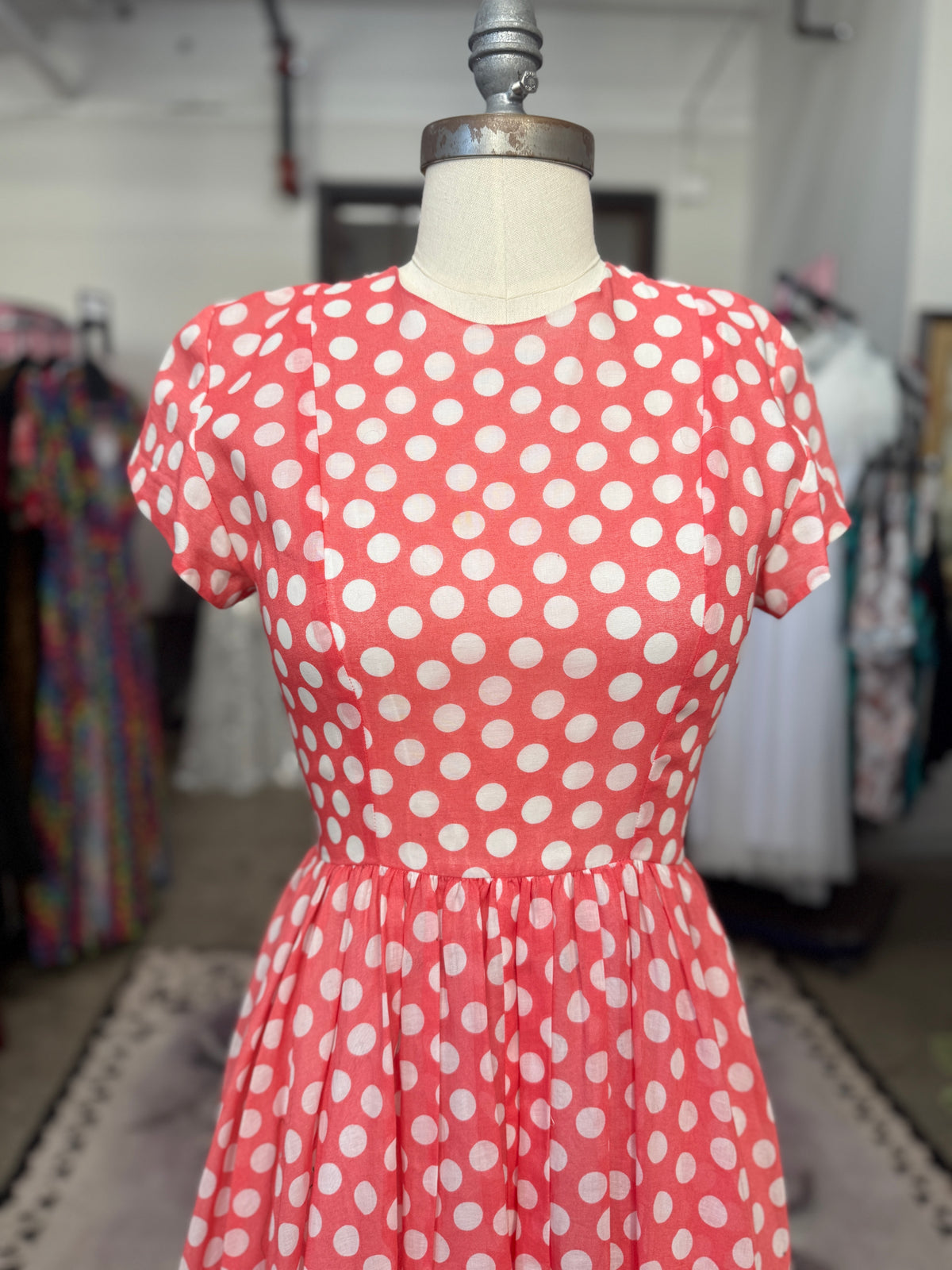 Vintage Pink Polka Dot Bow Swing Dress XS/S