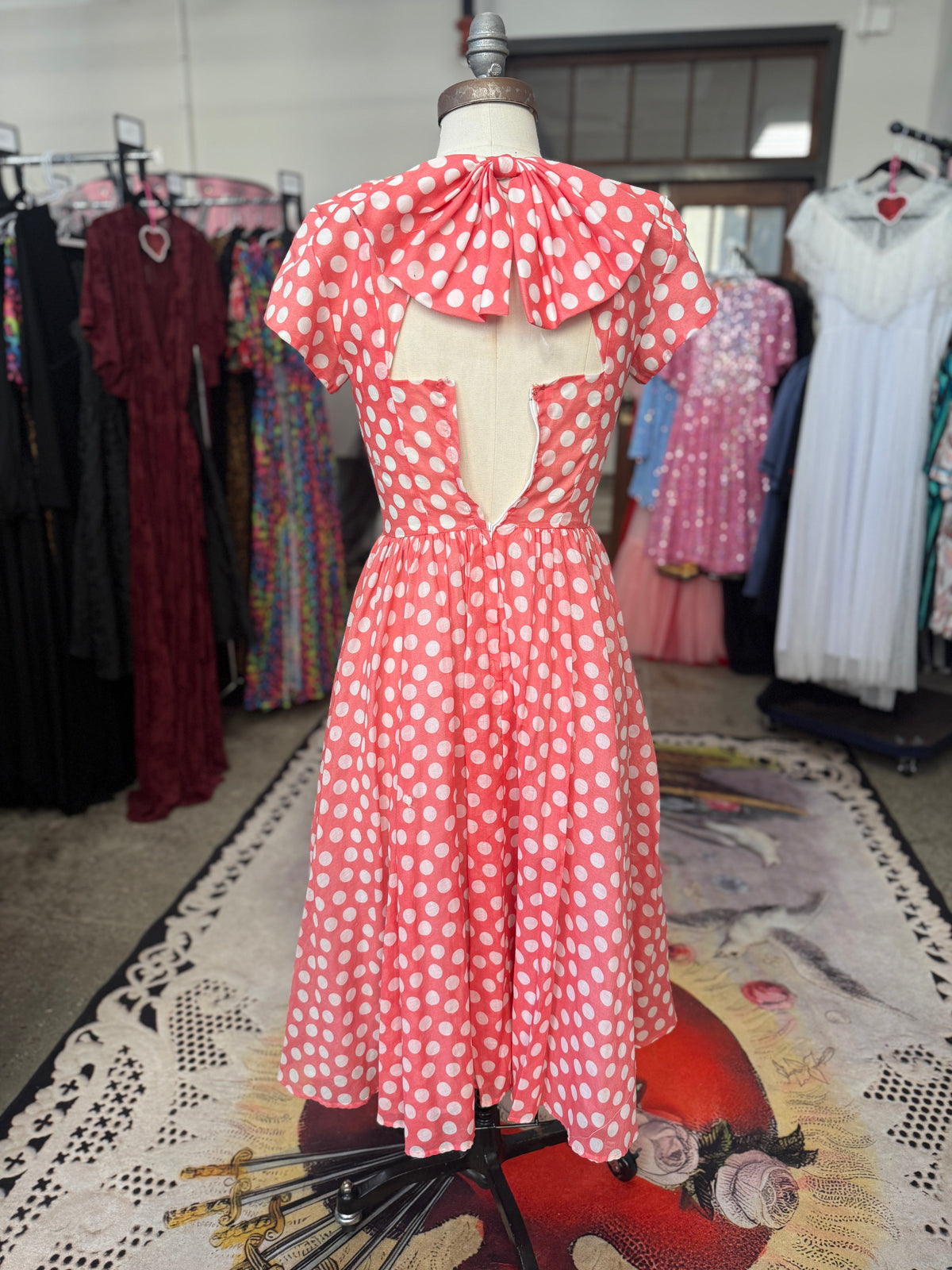Vintage Pink Polka Dot Bow Swing Dress XS/S