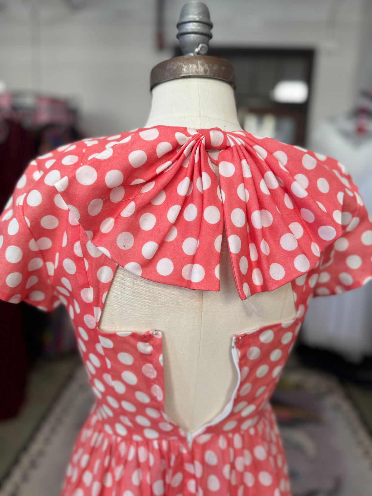 Vintage Pink Polka Dot Bow Swing Dress XS/S