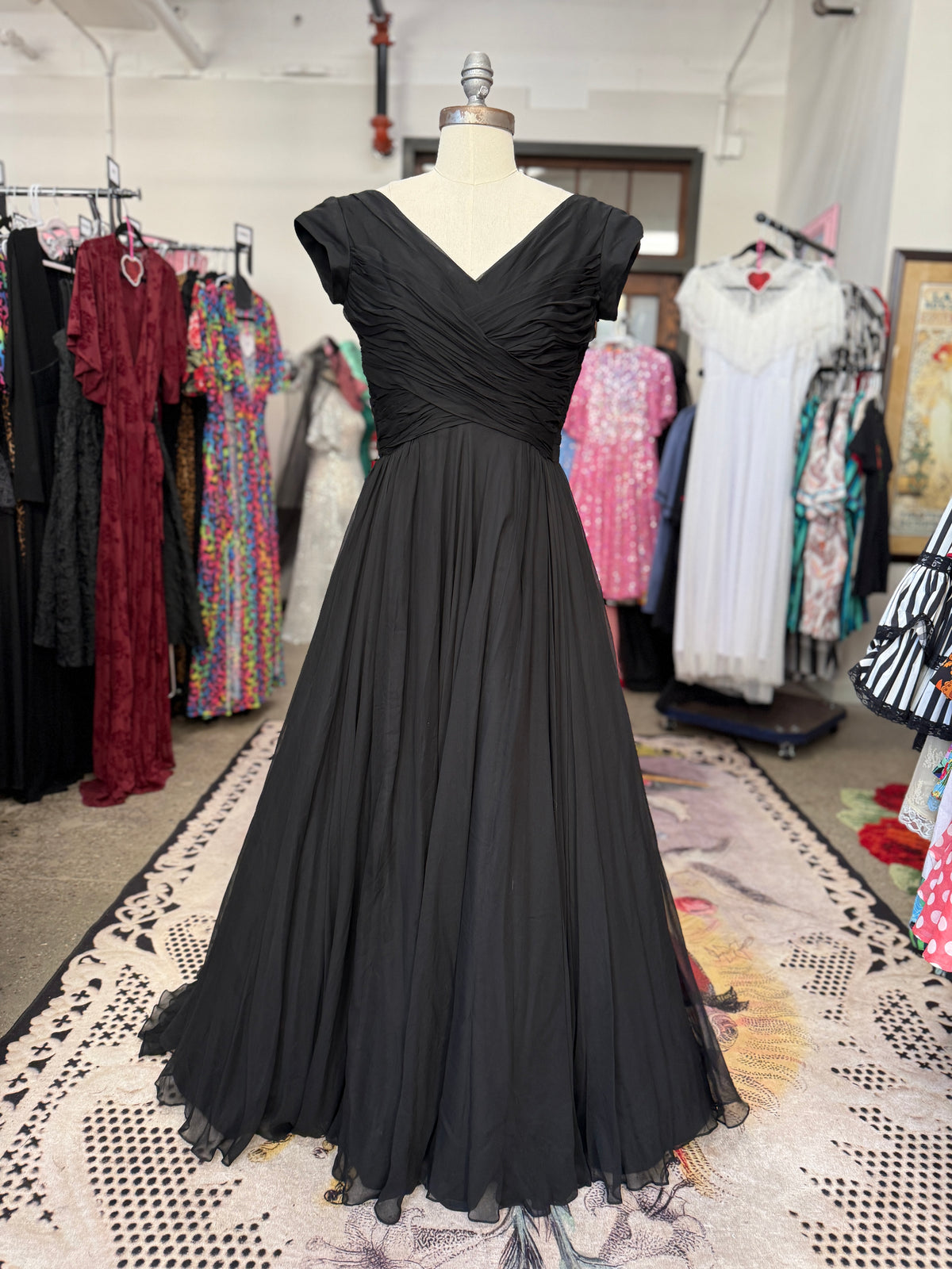 Vintage Black Chiffon Showstopper Dress with Train S/M