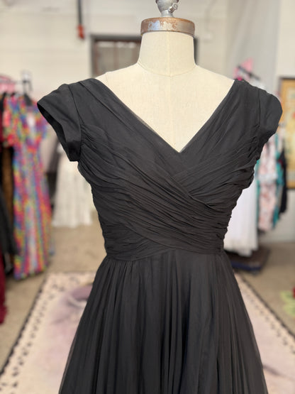 Vintage Black Chiffon Showstopper Dress with Train S/M