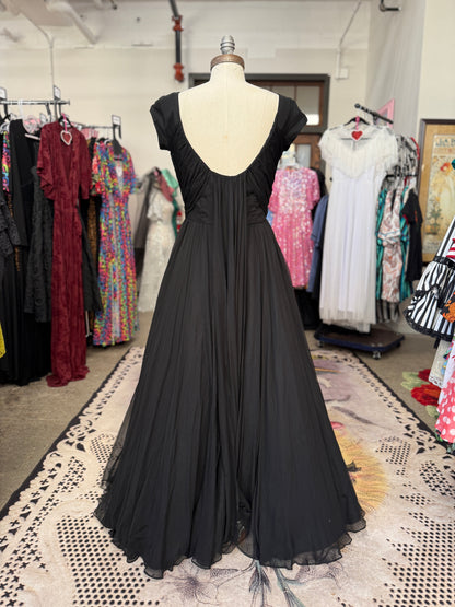 Vintage Black Chiffon Showstopper Dress with Train S/M