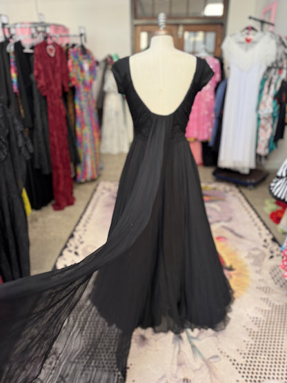 Vintage Black Chiffon Showstopper Dress with Train S/M