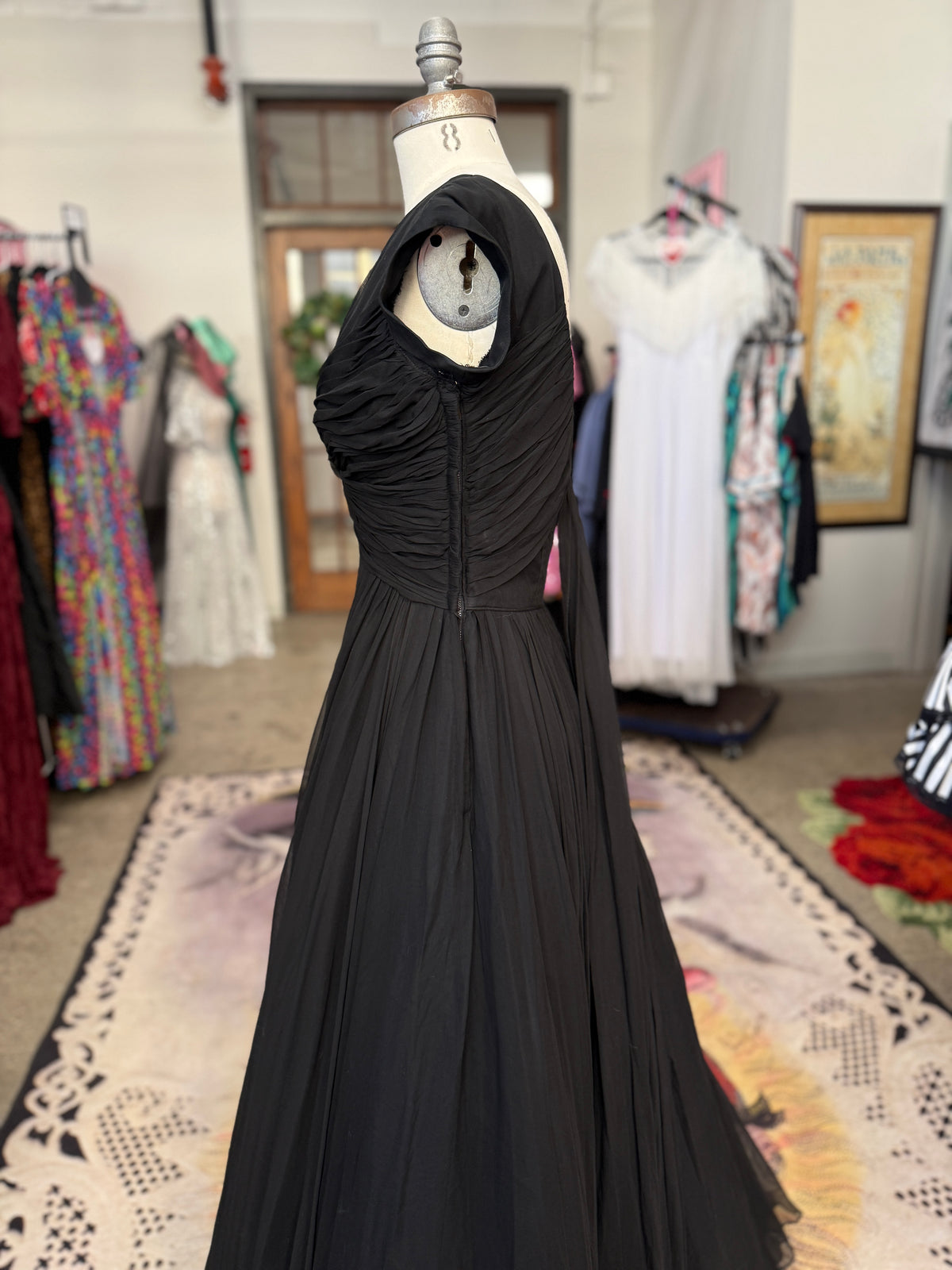 Vintage Black Chiffon Showstopper Dress with Train S/M