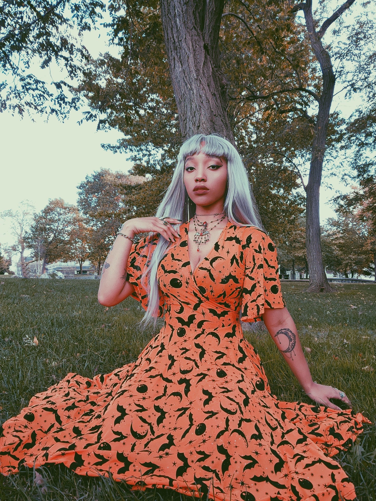 Aurora Wrap dress in Orange Queen of Halloween Sparkle Flocked Mesh