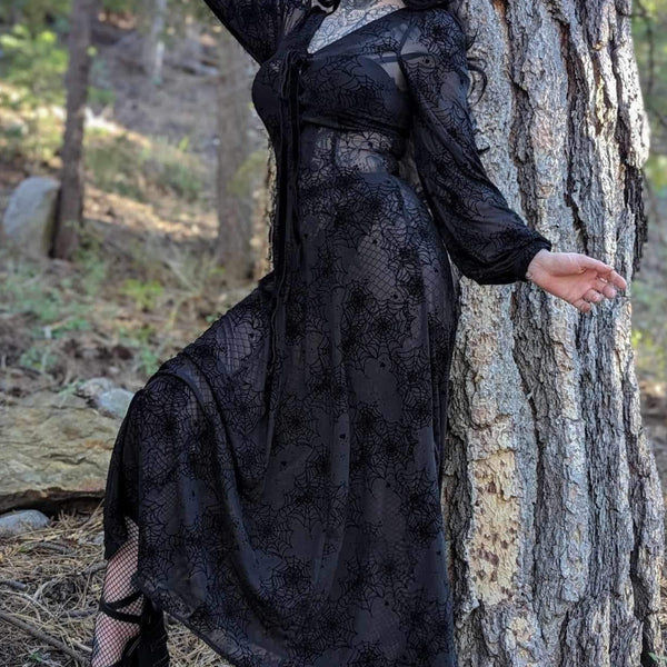 Black Penny Maxi dress with Flocked Spiderwebs