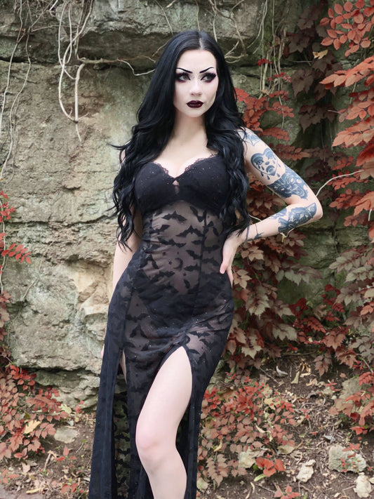 *PRE ORDER* Lily Slip Dress in Black Queen of Halloween Flocked Sparkle Mesh