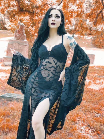 Black Queen of Halloween Flocked Sparkle Mesh Kimono