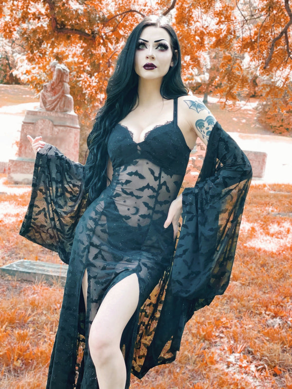 Black Queen of Halloween Flocked Sparkle Mesh Kimono