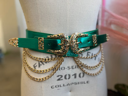 Western-style faux leather belt with triple chains