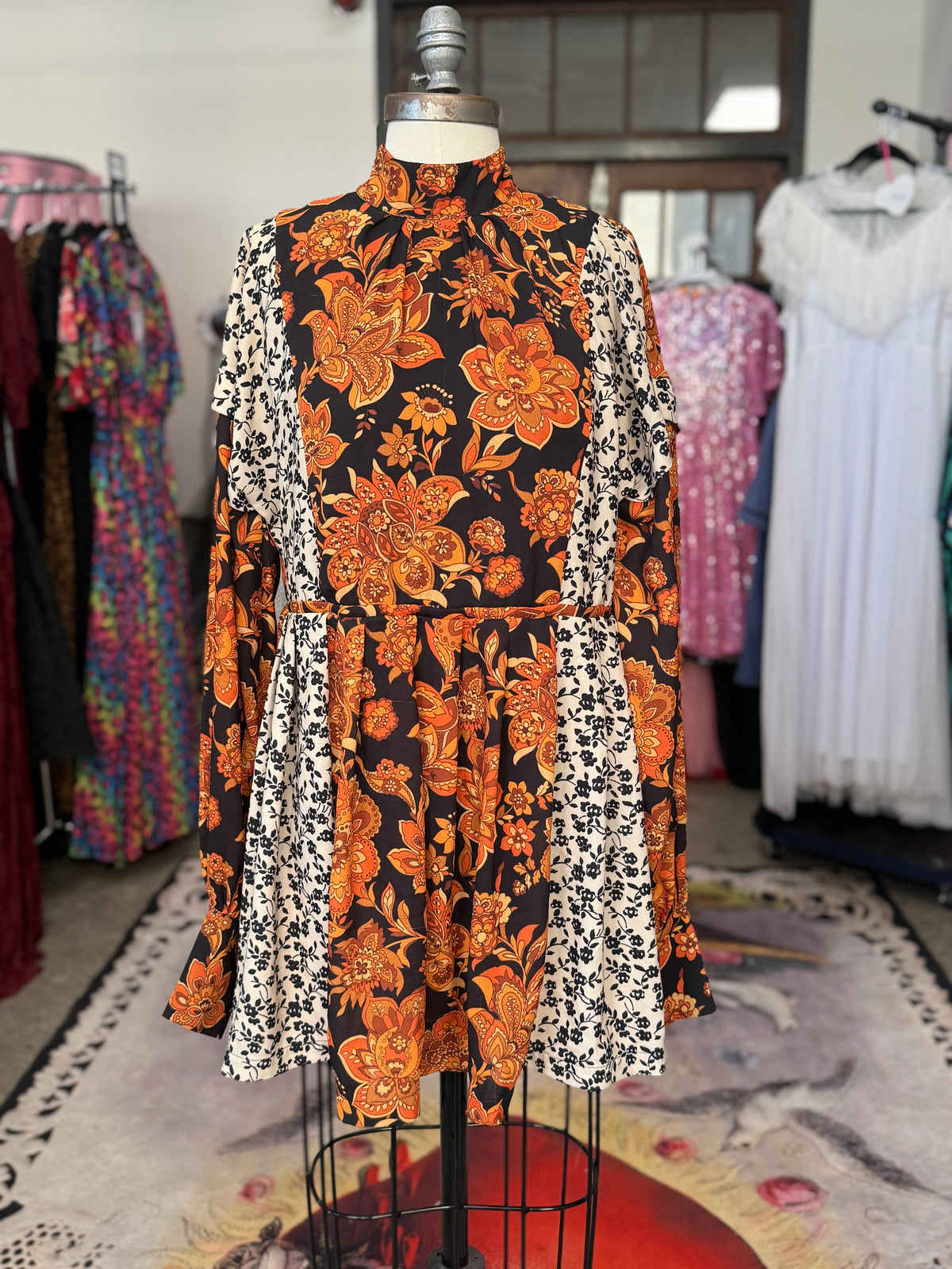Vintage Mixed Print Foliage Mini Dress with Sleeves L/XL