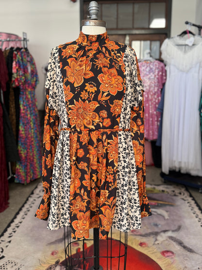 Vintage Mixed Print Foliage Mini Dress with Sleeves L/XL