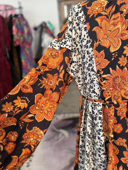 Vintage Mixed Print Foliage Mini Dress with Sleeves L/XL
