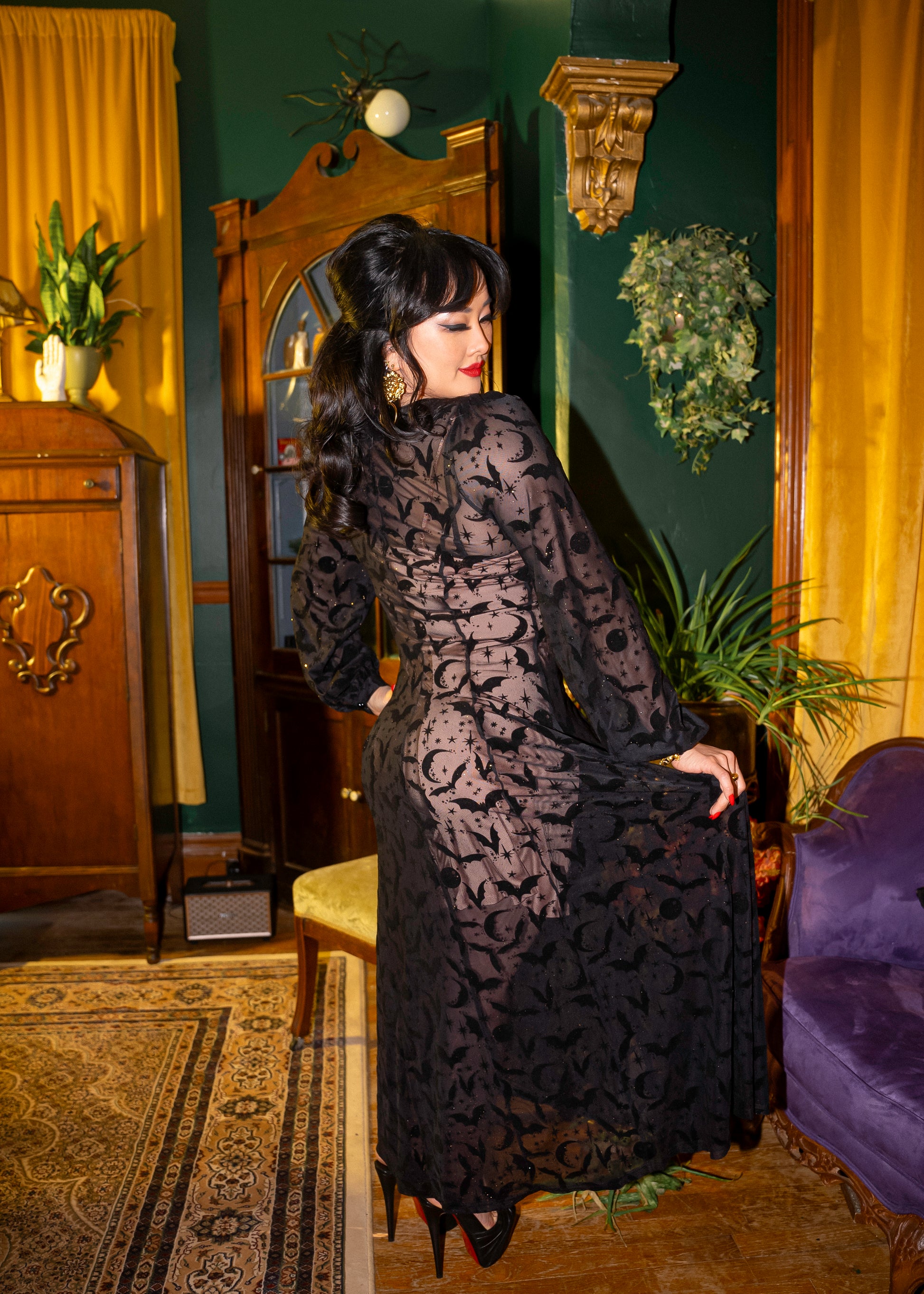 Black Penny Maxi dress with Flocked Spiderwebs 4X