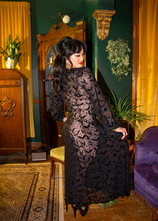 Black Penny Maxi dress with in Queen of Halloween Sparkle Flocked Mesh