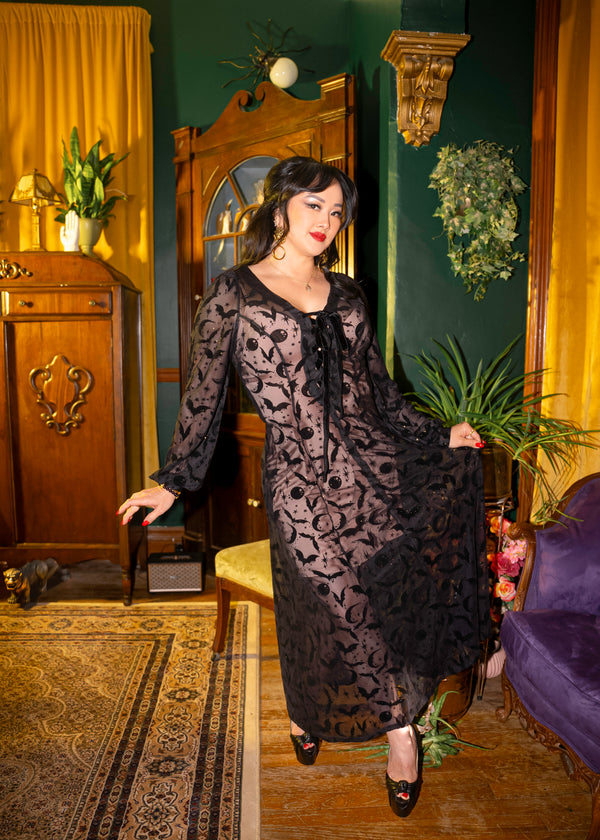 Black Penny Maxi dress with in Queen of Halloween Sparkle Flocked Mesh