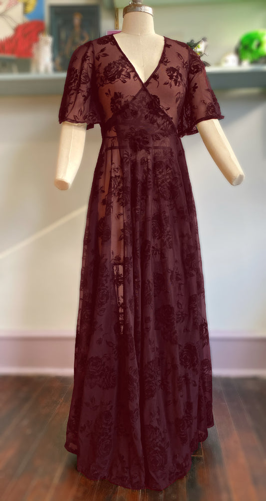 Lydia Wrap Dress in Flocked Rose Burgundy Mesh