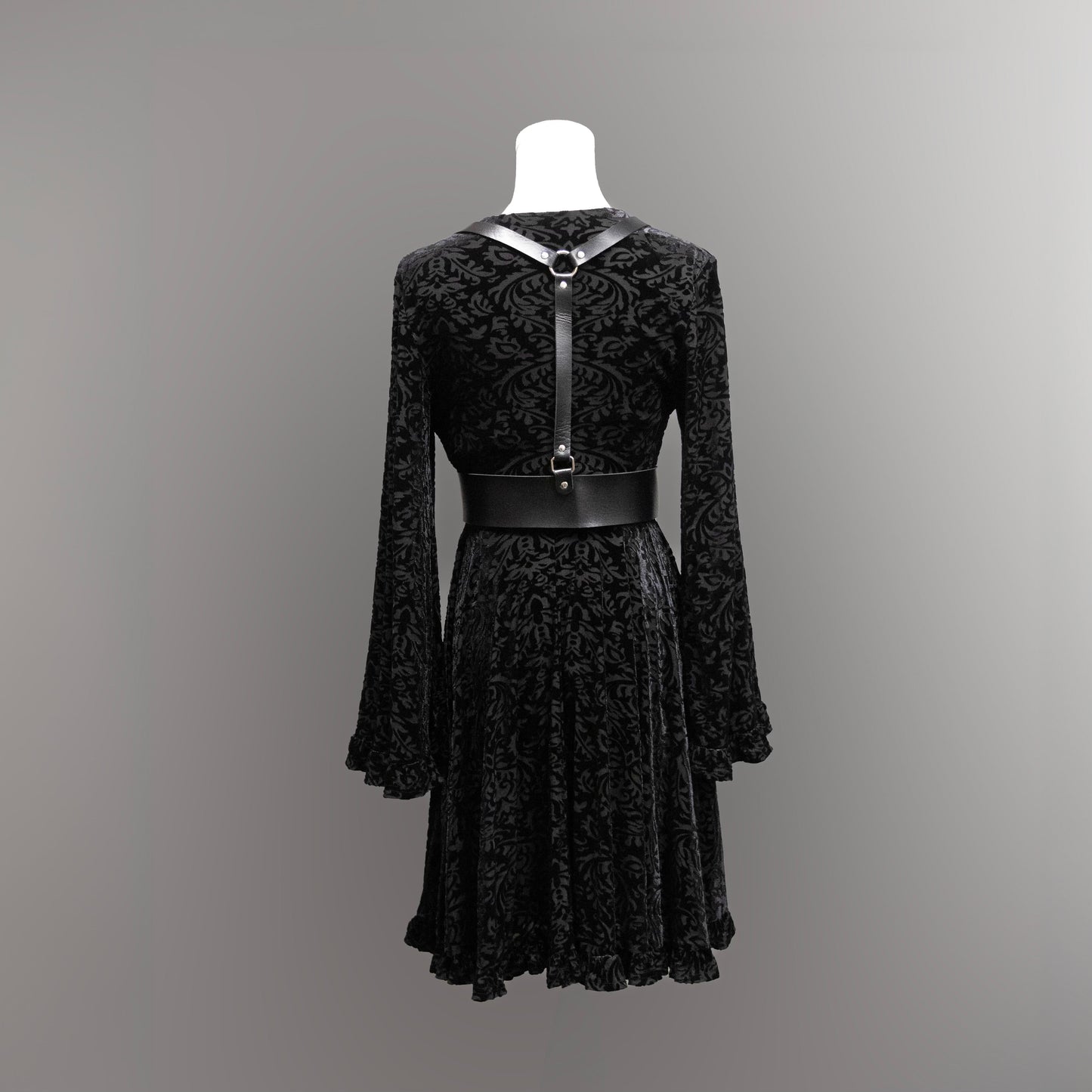 Nyx - Bell Sleeved Velvet Damask Dress with Harness by Witchwood Bags