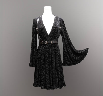 Nyx - Bell Sleeved Velvet Damask Dress with Harness by Witchwood Bags