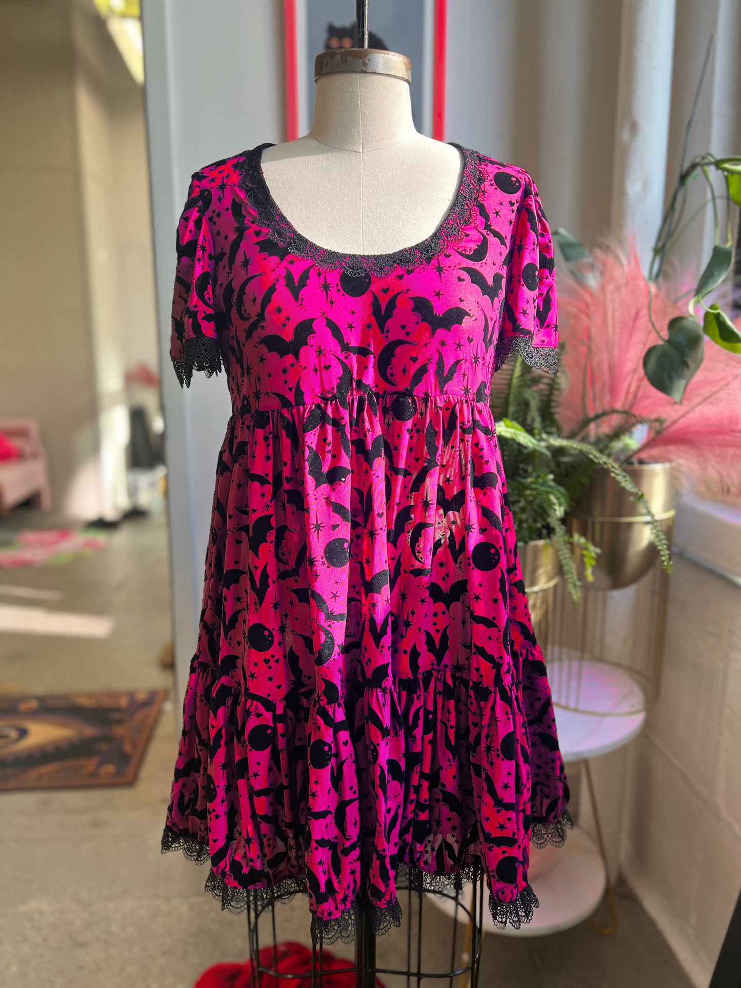 Raven Dress in Hot Pink Queen of Halloween Flocked Sparkle Mesh