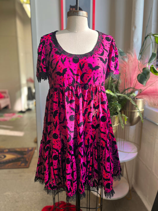 Raven Dress in Hot Pink Queen of Halloween Flocked Sparkle Mesh