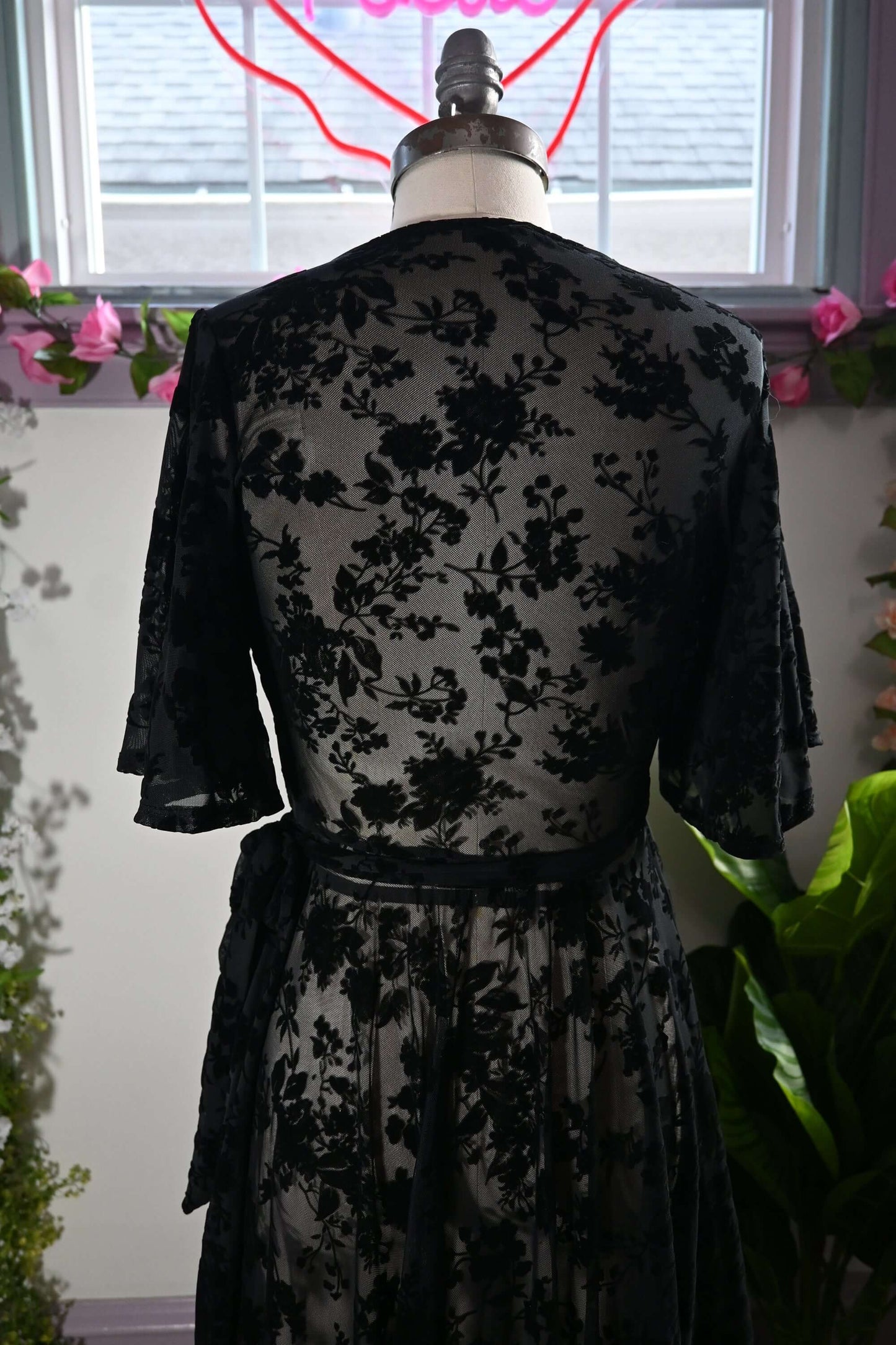 WAX POETIC Lydia Wrap Dress in Flocked Floral Black Mesh