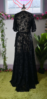 Lydia Wrap Dress in Flocked Floral Black Mesh