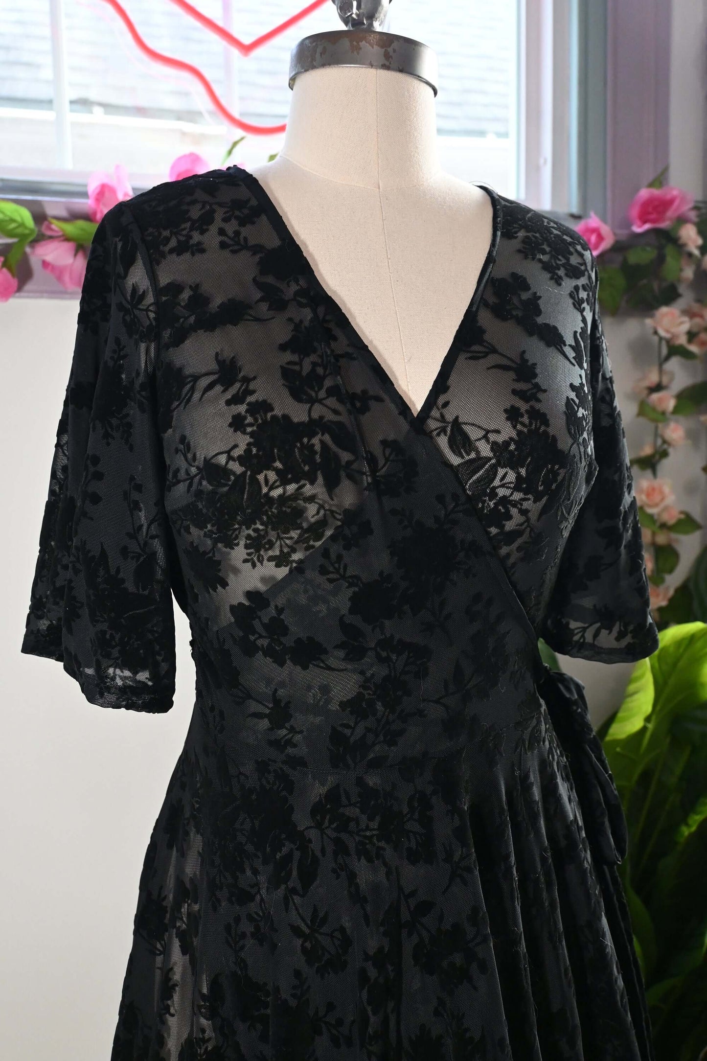 WAX POETIC Lydia Wrap Dress in Flocked Floral Black Mesh