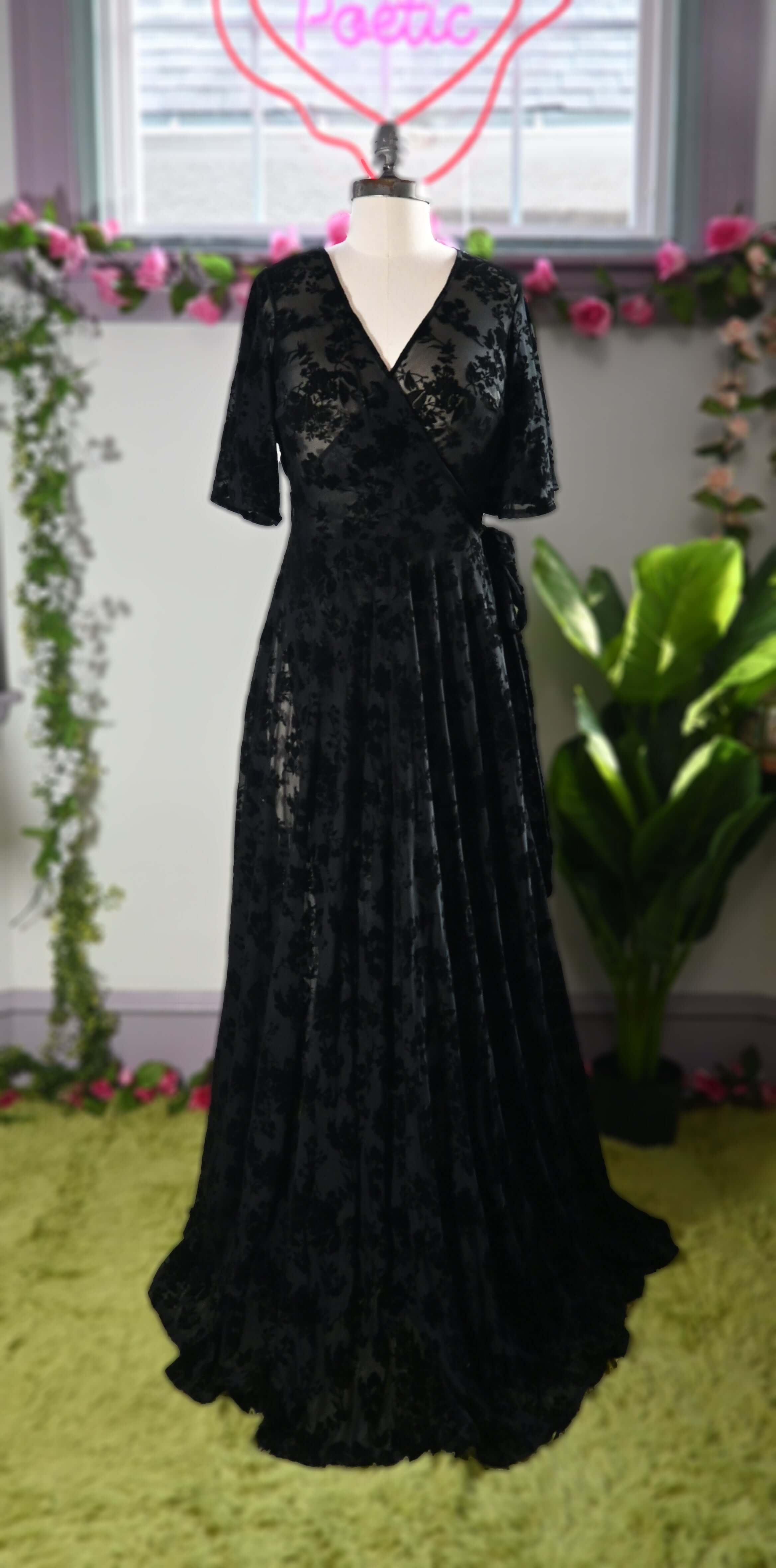 *PRE ORDER* Lydia Wrap Dress in Flocked Floral Black Mesh