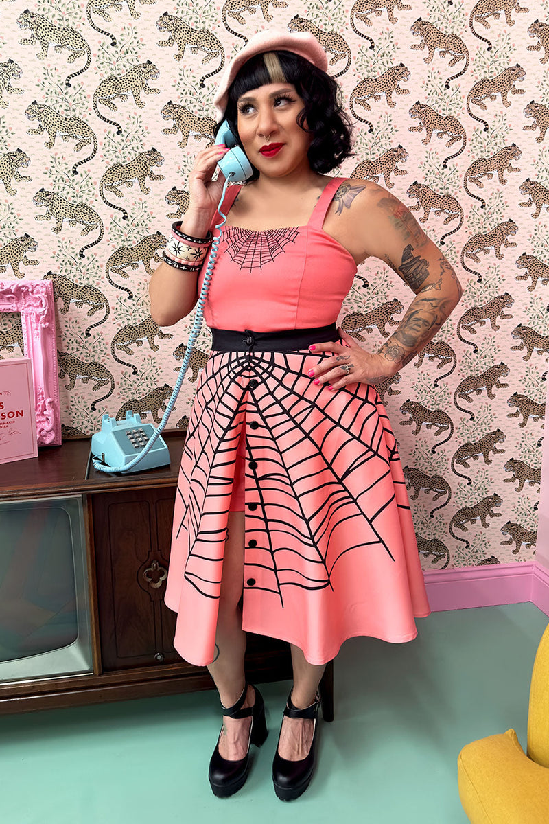 Glamour Ghoul Spiderweb Skirt in Coral Pink by The Oblong Box Shop