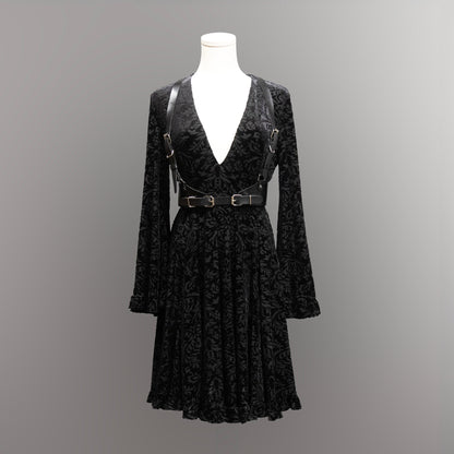 Nyx - Bell Sleeved Velvet Damask Dress with Harness by Witchwood Bags