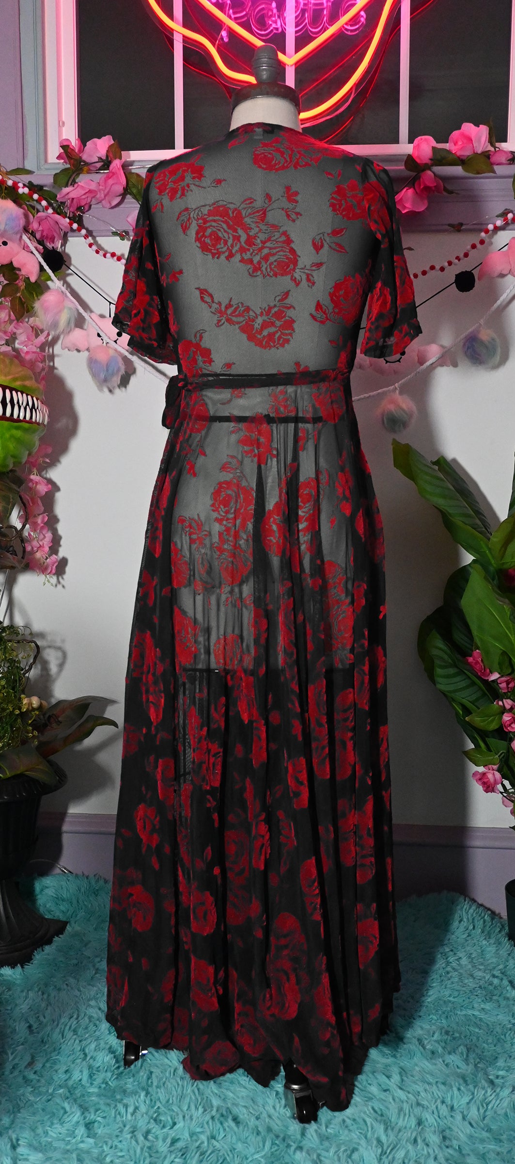 Lydia Wrap Dress in Flocked Red Rose on Black Mesh, L Lydia Wrap Dress in Flocked Red Rose on Black Mesh, L