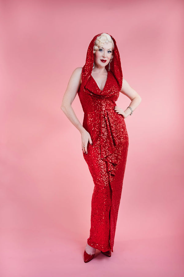 Cairo Sunset Hooded Dress Red Sequin by Elle Rebel