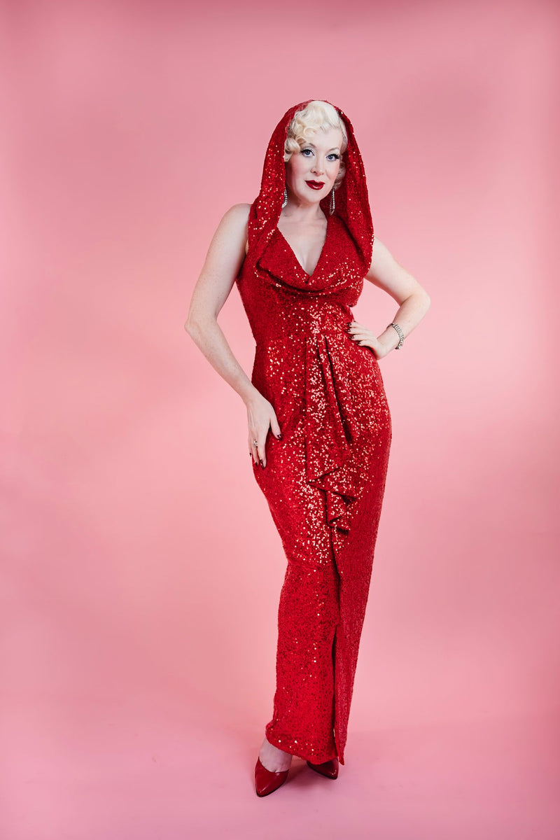 Cairo Sunset Hooded Dress Red Sequin by Elle Rebel