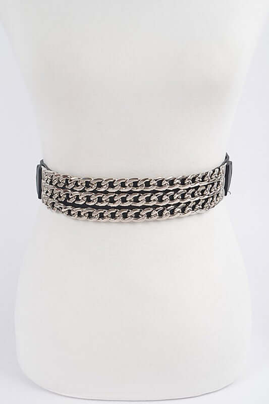 Black Elastic and Faux Leather Belt with triple chains