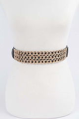 Black Elastic and Faux Leather Belt with triple chains