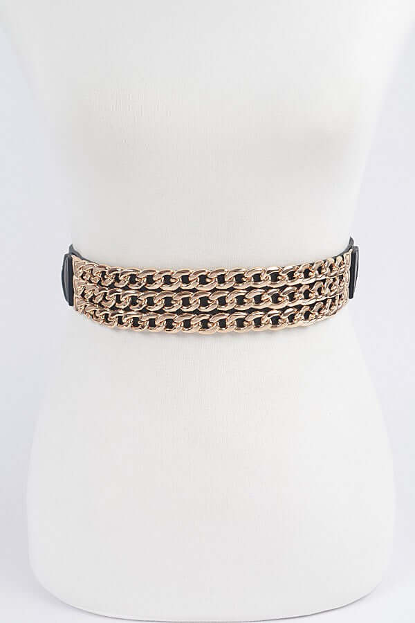 Black Elastic and Faux Leather Belt with triple chains