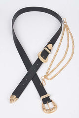 Black Western-style faux leather belt with Gold layered chains